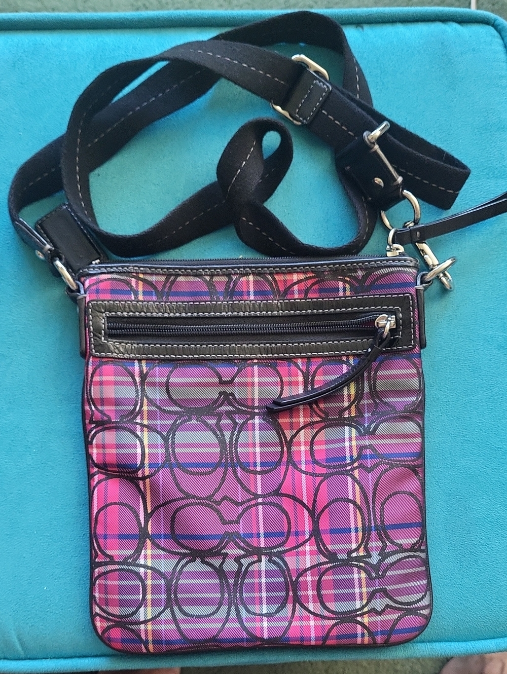 Coach Pink Plaid Crossbody with Signature Ring Print